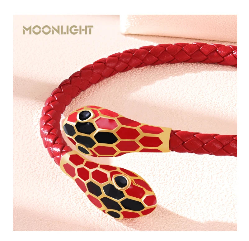 Double Snake Head Cuff Bangles Braided Leather