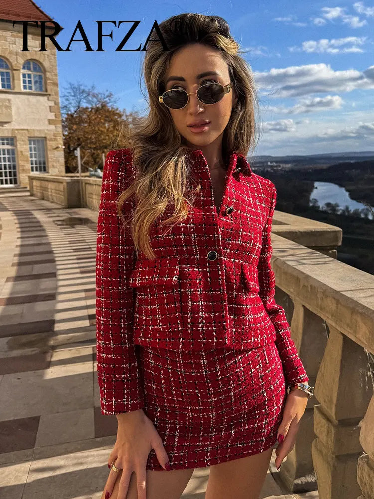 HH Women Fashion Red Texture Skirt Sets Single Breasted Lapel Jacket Coat Side Zipper Shorts Skirts High Street Lady Outfit