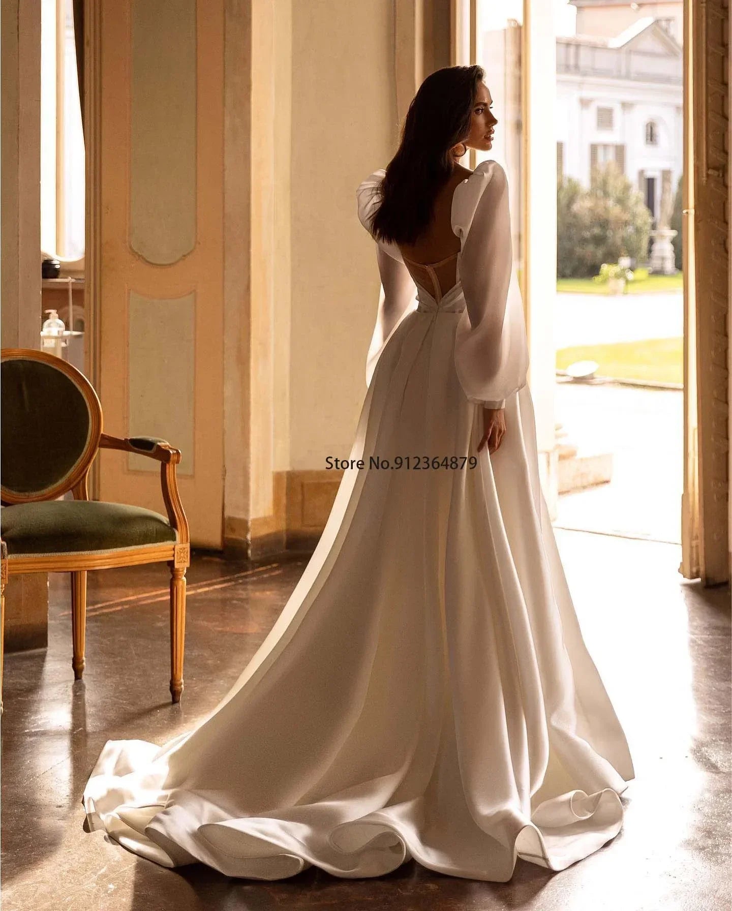 LUX Bridal Puff Sleevs Sweethart A Line Wedding Dress With Side Slit Sweep Train Custom Made