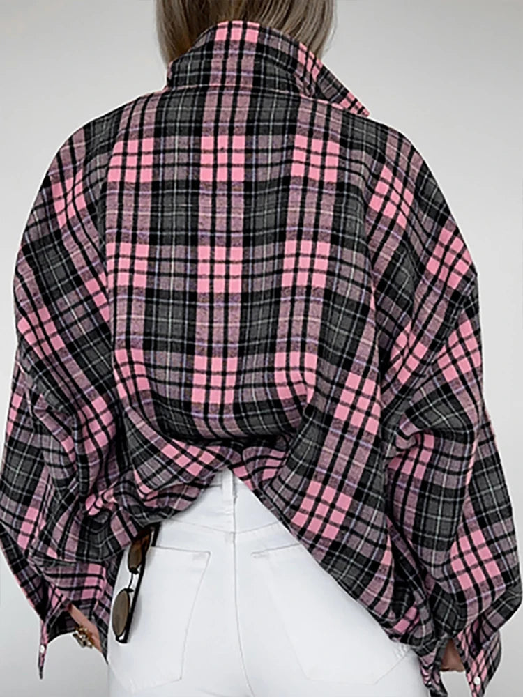 Aynaray Women Autumn Winter 2024 Vintage Pink Plaid Shirt Oversized Long Sleeve Loose Fit Blouse For Woman Female