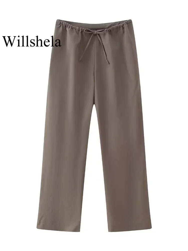Willshela Women Fashion Two Piece Set Brown Pleated Halter Neck Tops & Straight Pants Vintage Female Chic Lady Pants Suit LUXLIFE BRANDS
