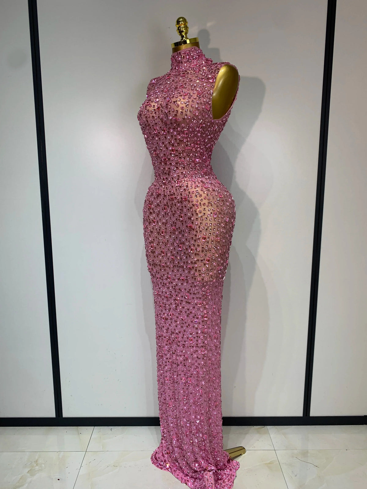 Sparkly Rhinestone Sleeveless Maxi Long Dress See-Through Sheer Mesh Stage Outfit