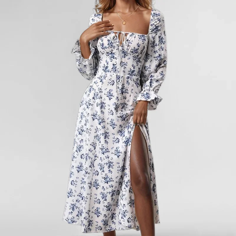 Sexy Backless New Women's Clothing Elegant Floral Dress Spring Summer Retro Puff Square Tie Tie Decorative Red Tie Chic Dress