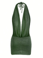 2026 Women New Year Bright Silk Dresses Sexy Stacked V Halter Neck Backless Knit Beach Mini Dress Summer Swimsuit Cover Up K145 Luxlife Brands