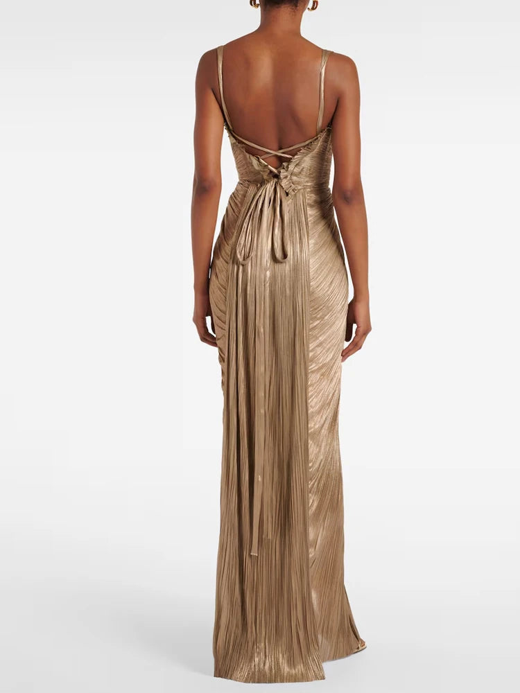 Sexy V-neck Draped Slim Suspender Dress Women Elegant Hight Waist Prom Long Dress Casual Sleeveless Backless Lace-Up Party Dress Luxlife Brands