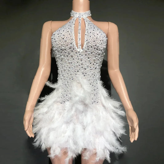 Glitter Feather Pearls Halter Backless Short White Party Dress Women Luxury Celebrate Birthday Outfit Performance Dance Costume