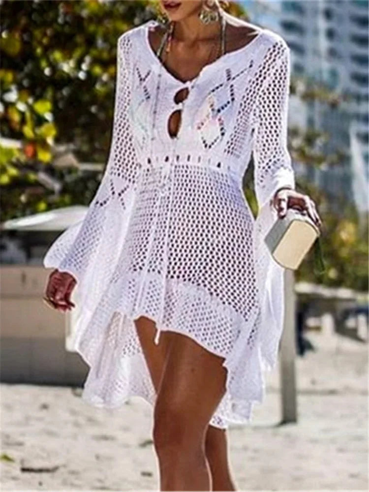 2023 Summer Women Beachwear Sexy White Crochet Tunic Beach Wrap Dress Woman Swimwear Swimsuit Cover-ups Bikini Cover Up #Q719 LUXLIFE BRANDS