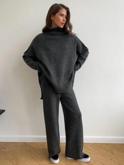 2025 turtleneck sweater set women's European, American autumn and winter new loose casual lazy thickened knitted trousers set