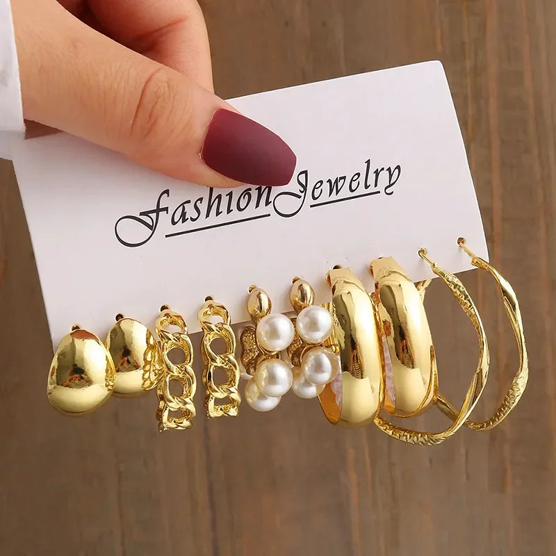 Gold Color Vintage Geometry Pearl Earrings Set Metal Twine Square Dangle Earrings Round for Women Simple Trendy Party Jewelry LUXLIFE BRANDS