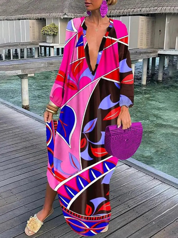 Women Boho Print Beach Cover Up 2023 Summer Sexy Deep V-Neck Long Sleeve Long Dresses Female Vintage Maxi Dresses Elegant Robe