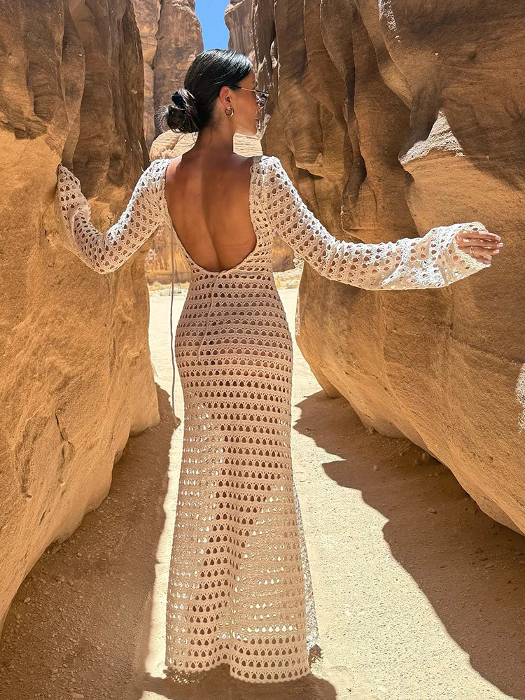 Sexy Knit Mesh Backless Long Bell Sleeve Beach Maxi Dress 2025 Women's Summer Slim Outfits Vacation Swimsuit Cover Up Tunic K205 Luxlife Brands