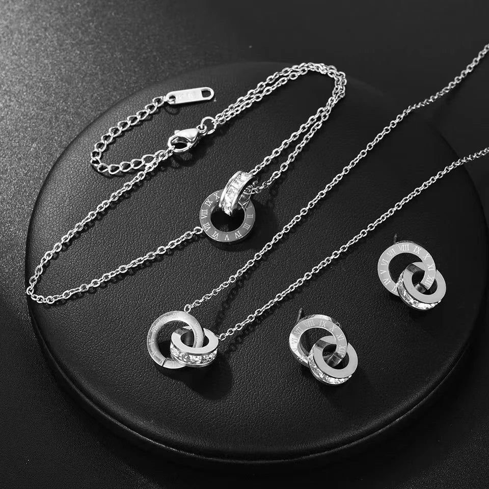 3 PCS Fashion Roman Digital Double Ring Pendant Necklace Bracelet Tiny Earrings Jewelry Set For Women Korean Style Daily Wear Luxlife Brands