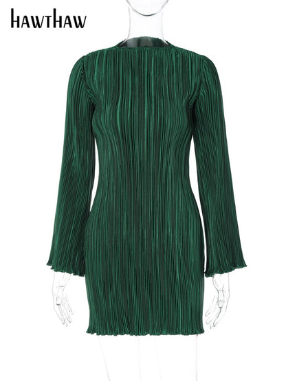 Hawthaw Women Elegant Long Sleeve Streetwear Bodycon Green Fall Mini Dress 2022 Autumn Clothes Wholesale Items For Business