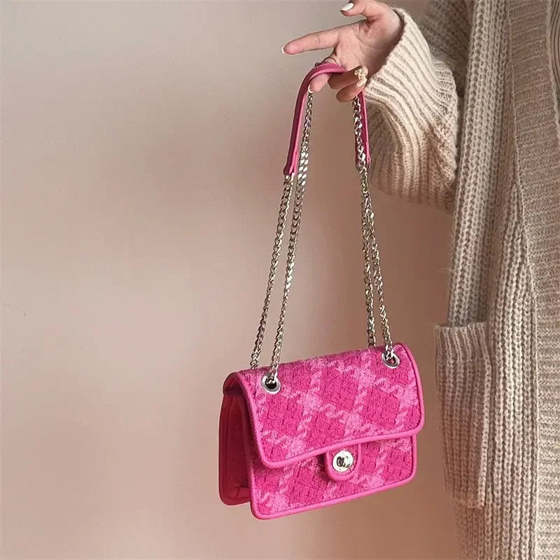 Rose Pink Women Lock Shoulder Bags Luxury Plaid Ladies Small Square Crossbody Bag Fashion Design Female Clutch Purse Handbags