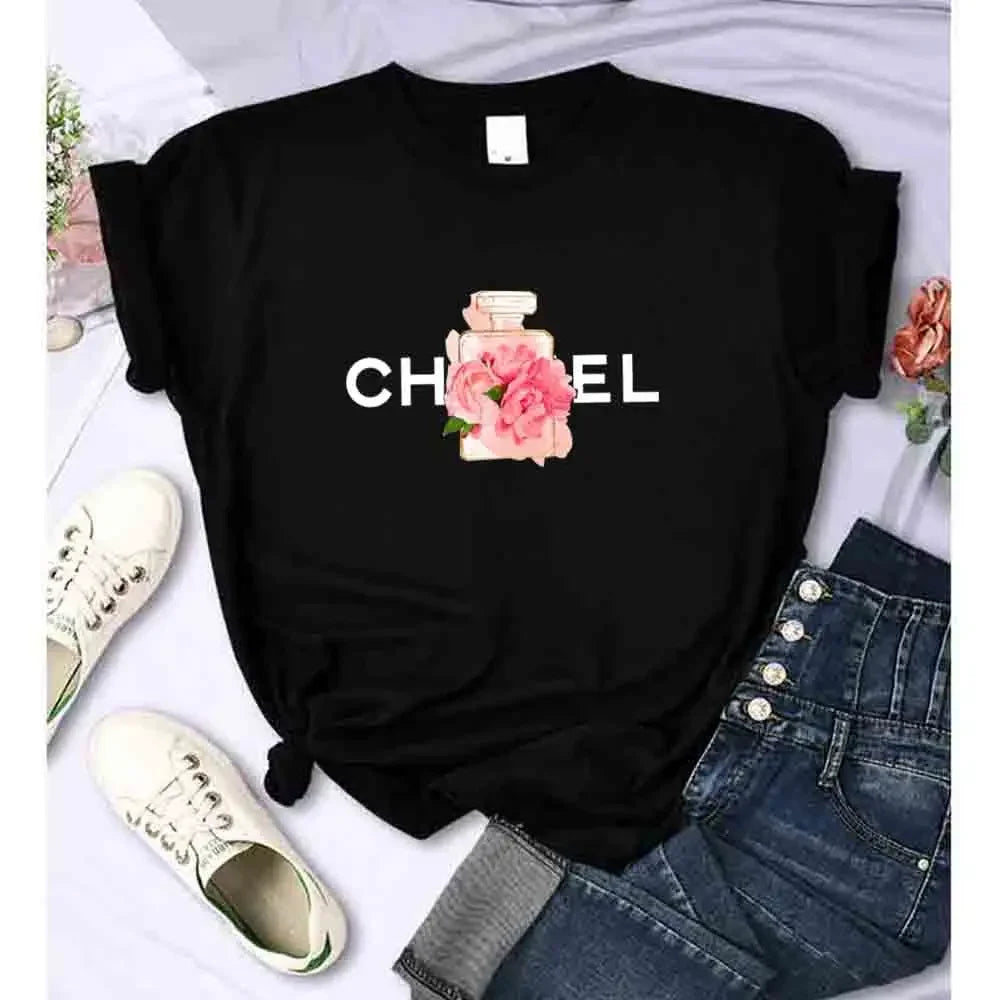 Women Summer T-Shirt Alphabet Flowers Perfume Print Cotton Tees Luxury Short Sleeve Tee Solid Color Street Y2K Top Female Cloth LUXLIFE BRANDS