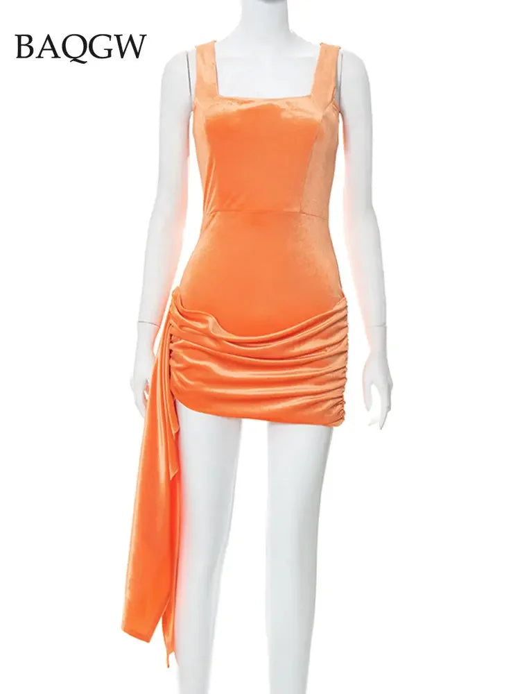 Elegant Square Collar Sexy Pleat Party Velvet Dress Women Sleeveless Bodycon Mini Dresses Casual Party Clubwear Velour Vestidos Luxlife Brands