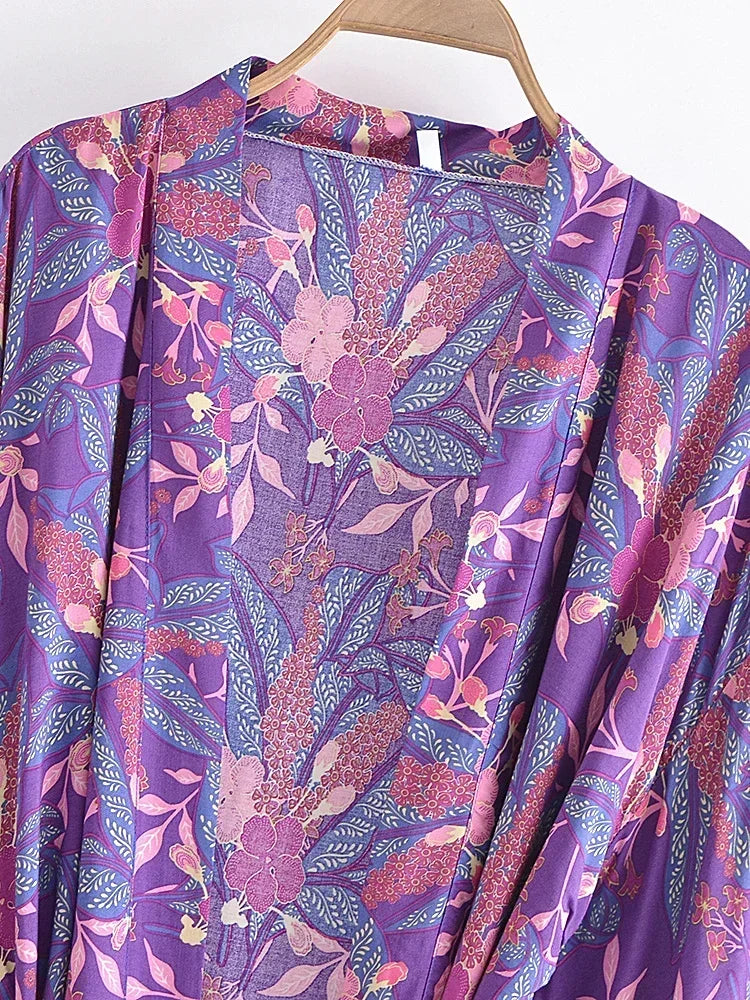 Purple Passion Floral Boho Short Kimono Dress