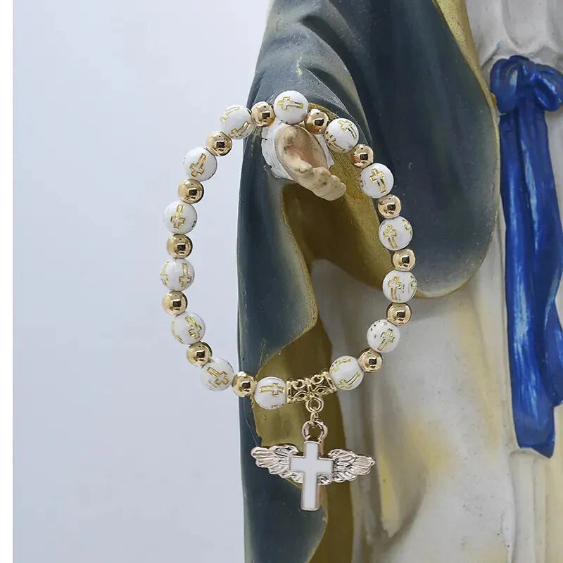 Exquisite Angel Wing Cross Rosary Bracelets Bronzing Acrylic Baptism Stretch Beaded Bracelets for Women Girls Religious Gift LUXLIFE BRANDS