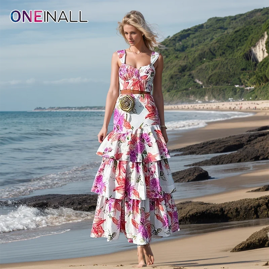 ONEINALL Hit Color Printing Two Piece Set For Women Vest Top High Waist Bodycon Pleated Long Dress Suits Female Clothing Summer