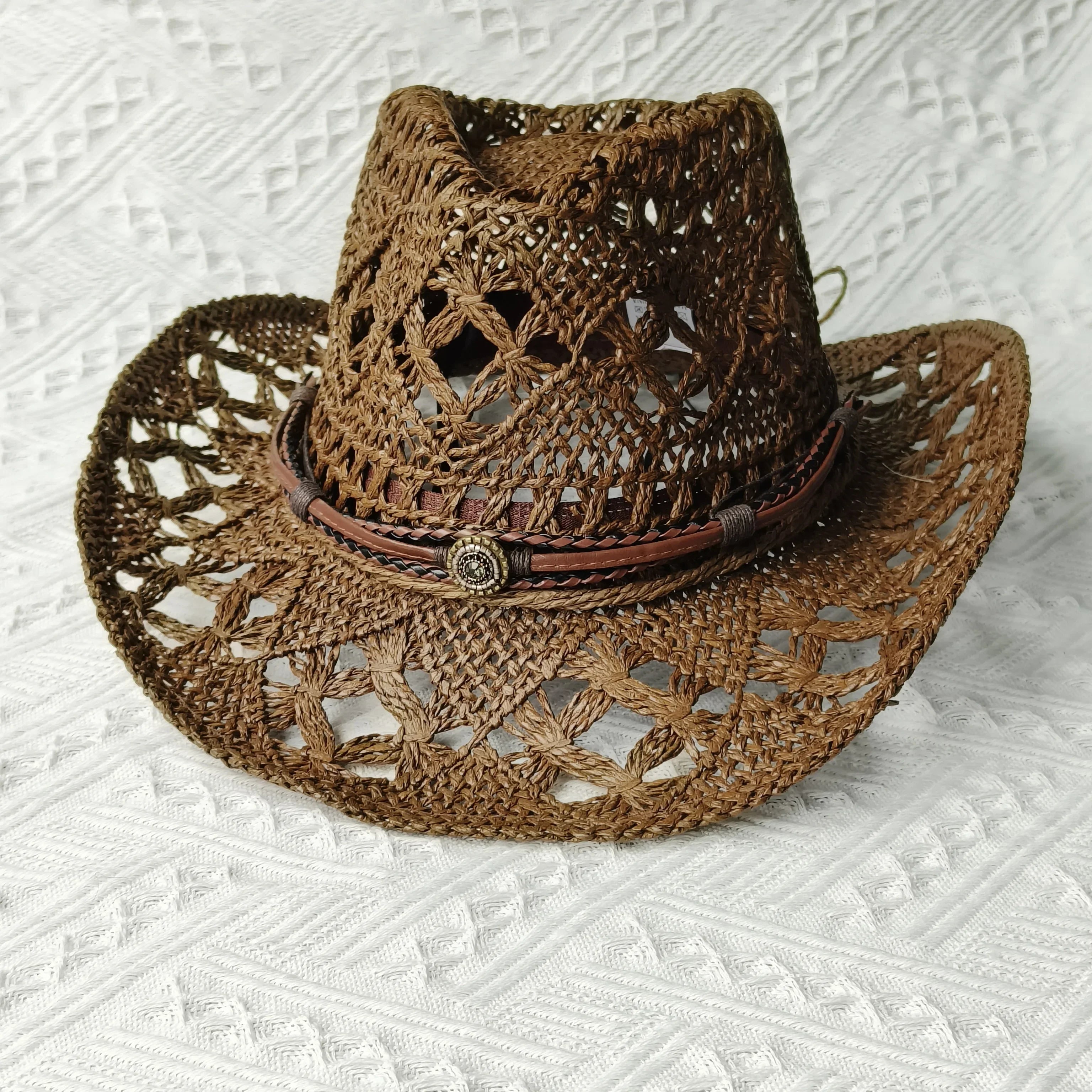 Hand-woven hollow denim straw hat men's and women's summer sunscreen hat western cowboy straw hat sombrero mujer sombrero hombre Luxlife Brands