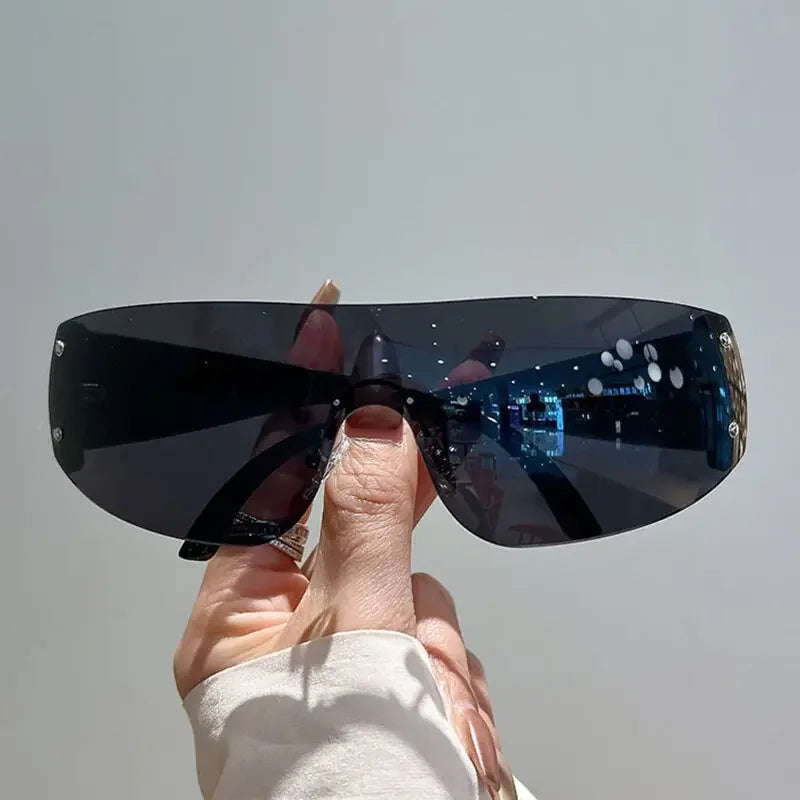 Y2K Rimless Brand Designer Sunglasses Women For Men 2023 One Piece Trending Luxury Sun Glasses Rivet Steampunk Pink Shades UV400