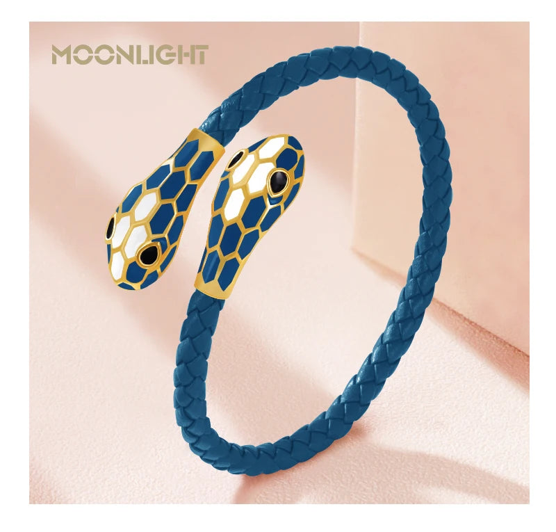 Double Snake Head Cuff Bangles Braided Leather