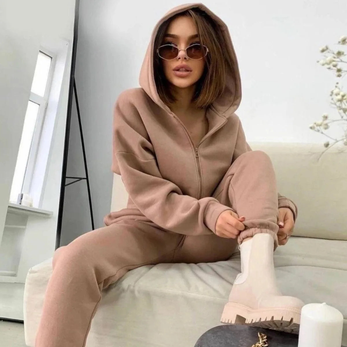 Zipper Hooded Coat Pants Sets Women Tracksuit Two Piece Set Sweatshirts Hooded Jacket Long Pants Thick Casual Autumn Winter