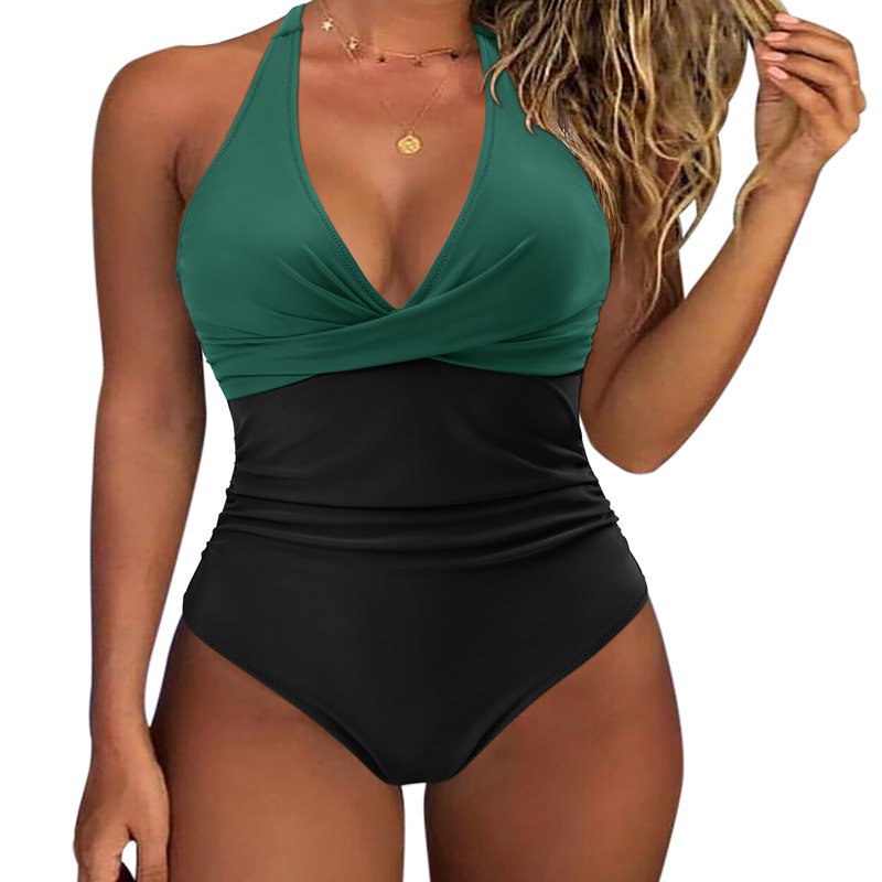 HMCN Women`s One Piece Swimsuit Sexy Tummy Control V Neck Swimwear Halter Push up Bathing Suits