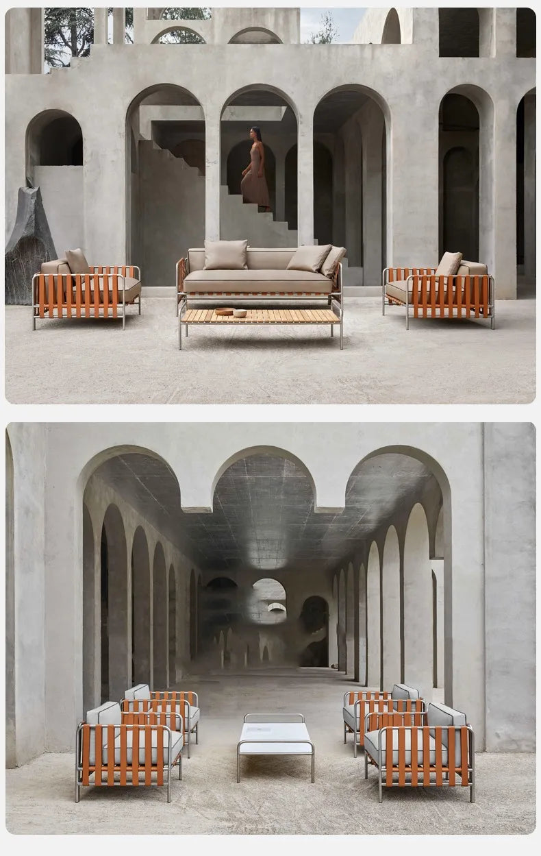 Outdoor stainless steel sofa rattan courtyard villa rain and sun coffee table combination