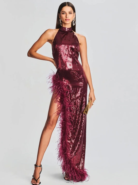 Luxury Feather Sequin Maxi Dress