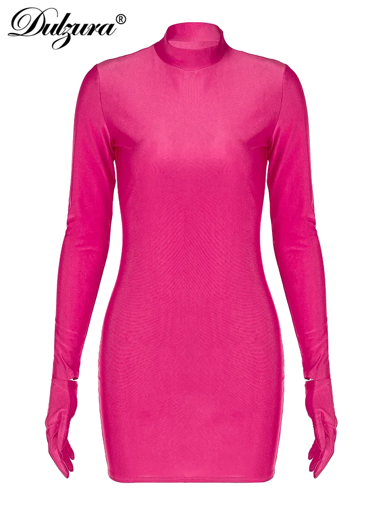 Dulzura Solid Long Sleeve With Gloves Mini Dress Bodycon Sexy Streetwear Party Half Turtleneck Outfits Y2K Clothes Wholesale LUXLIFE BRANDS