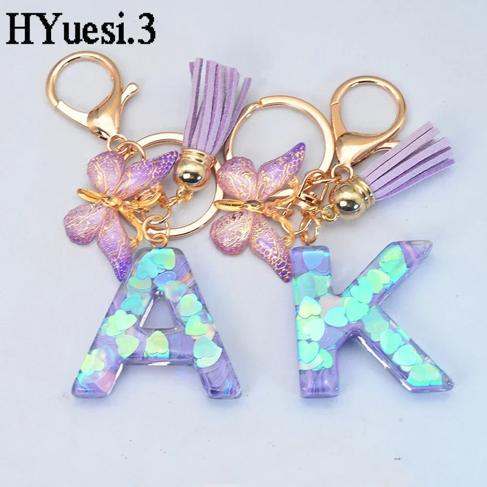 Purple Sequin Filled Name Keychain Butterfly Tassel 26 Alphabet Initials Keyrings Purse Wallet Handbag Ornament Women Girls Gift LUXLIFE BRANDS
