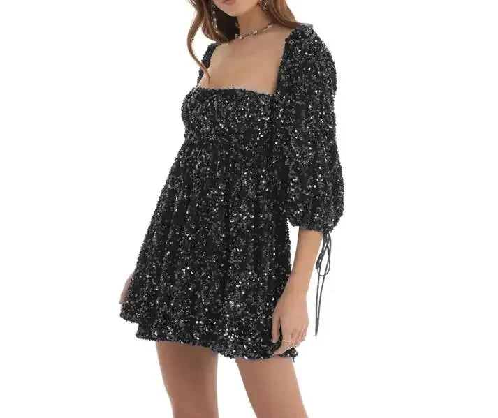 New Fashion Sexy Sequin Short Sleeve Square Neck Solid Color Slim Fit Dress For Women,5 Colors