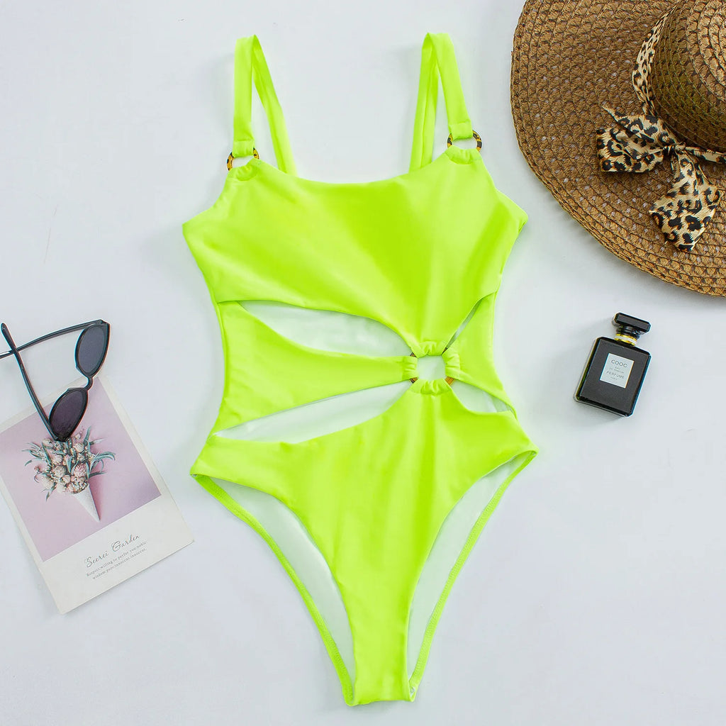 Sexy One piece Solid Color Women Bikini Set with Hollow Suspender Bikini Fashion Backless Swimsuit Low Waisted Bikini Set