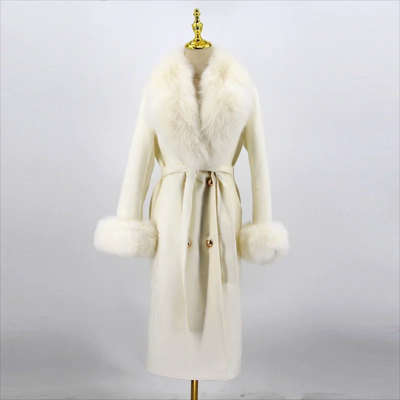 2023 New Arriva High Quality Cashmere Women Jacket With Bigger Real Fox Fur Collar And Cuffs