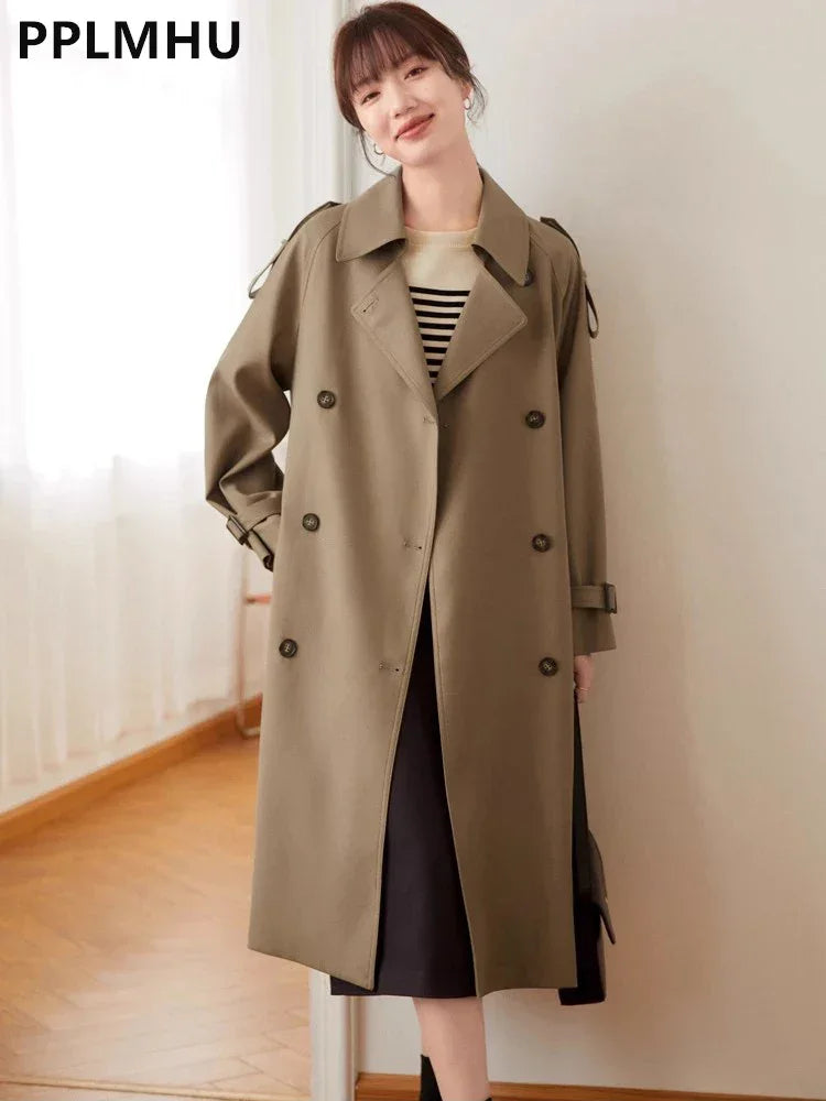 Khaki Double Breasted Long Trench Coats Women Casual Loose Korean Gabardina New Lapel Classic Oversized Windbreaker Jackets LUXLIFE BRANDS