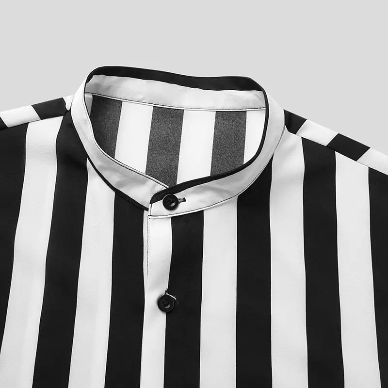 Autumn fashion button men&#39;s shirt loose street casual short-sleeved striped men&#39;s shirt stand-up collar top shirt