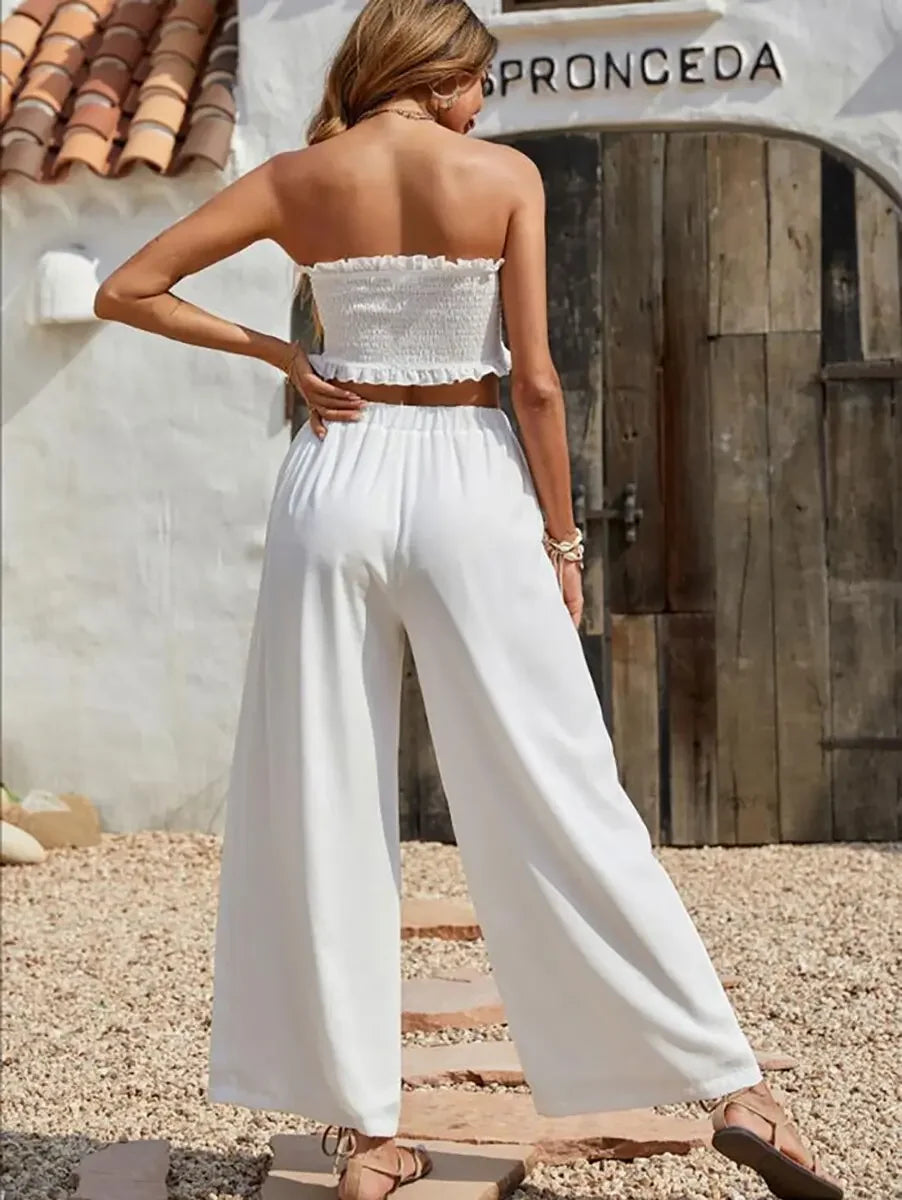 ZAFUL Bandeau Smocked Ruffle Bowknot Wide Leg Pants Set
