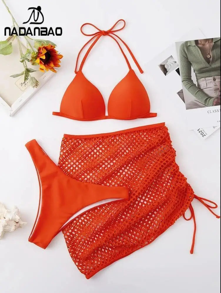 Nadanbao Sexy Mesh Solid Bikini Set Swimsuits for Woman Backless Travel Party Swimwear Female Summer Beach Fashion Bikini Luxlife Brands