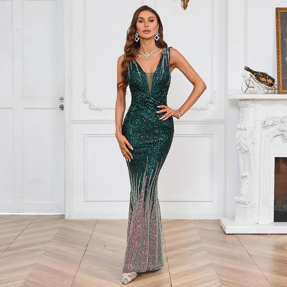 YIDINGZS Women Deep V Gold Sequin Evening Dress Sexy Party Maxi Dress LUXLIFE BRANDS