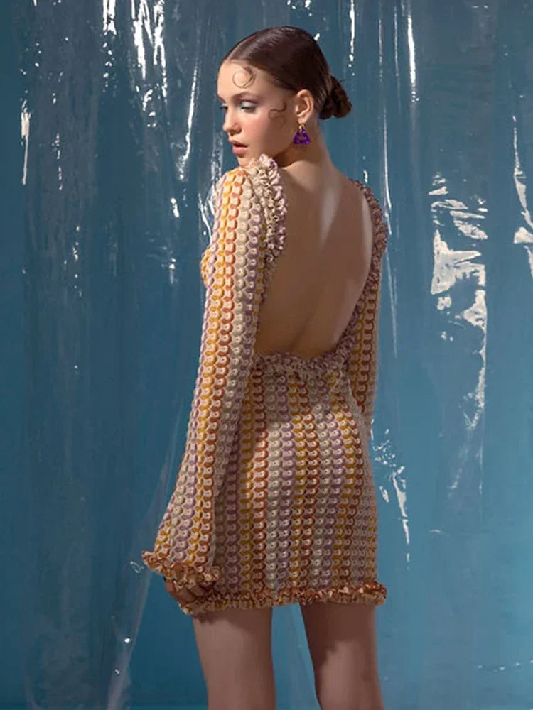 Sexy Backless Flare Sleeve Lace Knit Cut Out Party Beach Maxi Dress 2025 Summer Women Vacation Beachwear Swimsuit Cover Up A2815 Luxlife Brands