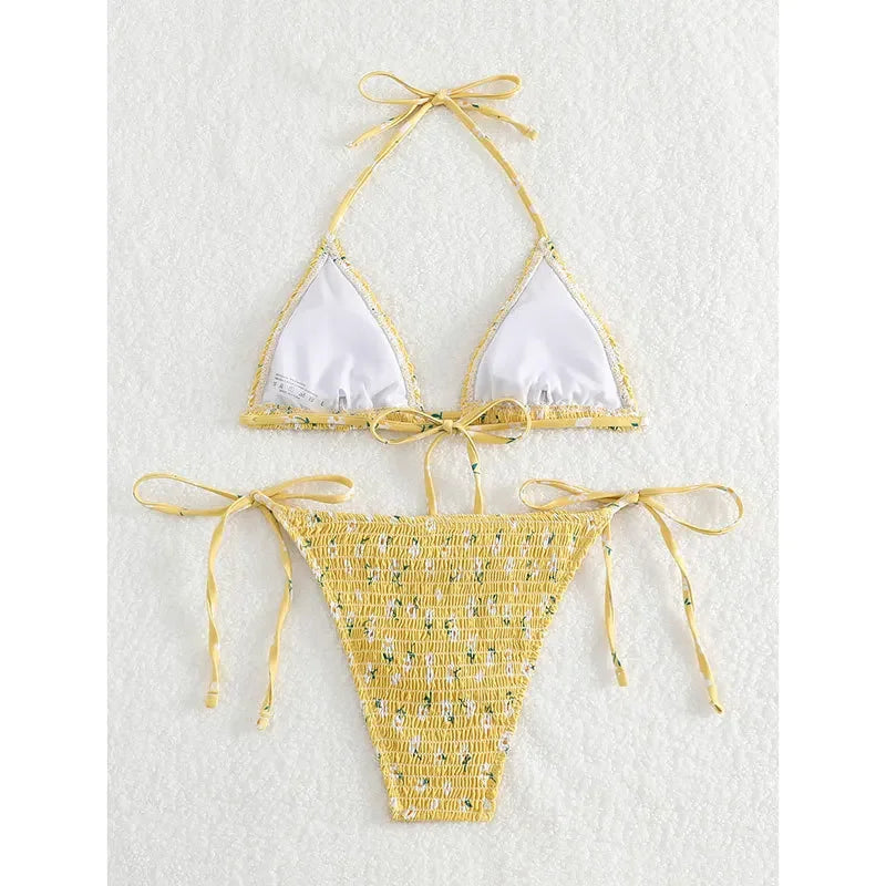 sexy tie halter floral wrinkled print micro bikinis set high waist thong Swimwear Biquini conjunto de bikini tankini beachwear Luxlife Brands