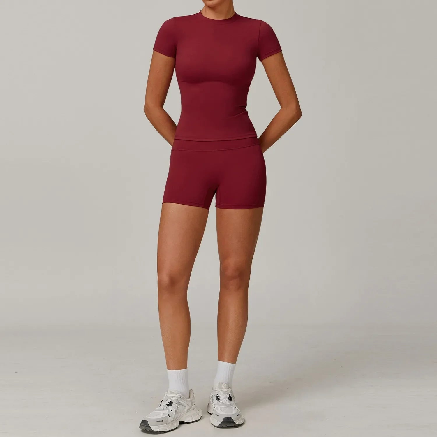 Hearuisavy Women 2 Piece Sport Pants Set Gym Sportswear Workout Short Sleeves Female Push Up Yoga Pants Running Fitness Clothing