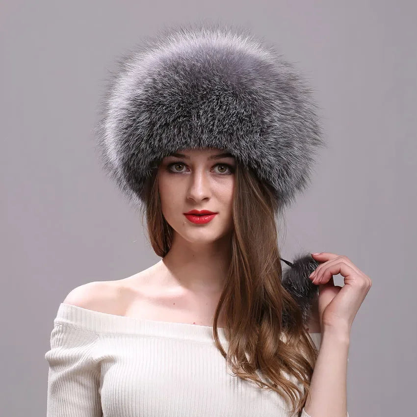 Real Fox Fur Hat for Women with Leather Top Mongolian Princess Hat with Pompom Winter Warm beanie Russian Cap Bonnets for Women LUXLIFE BRANDS