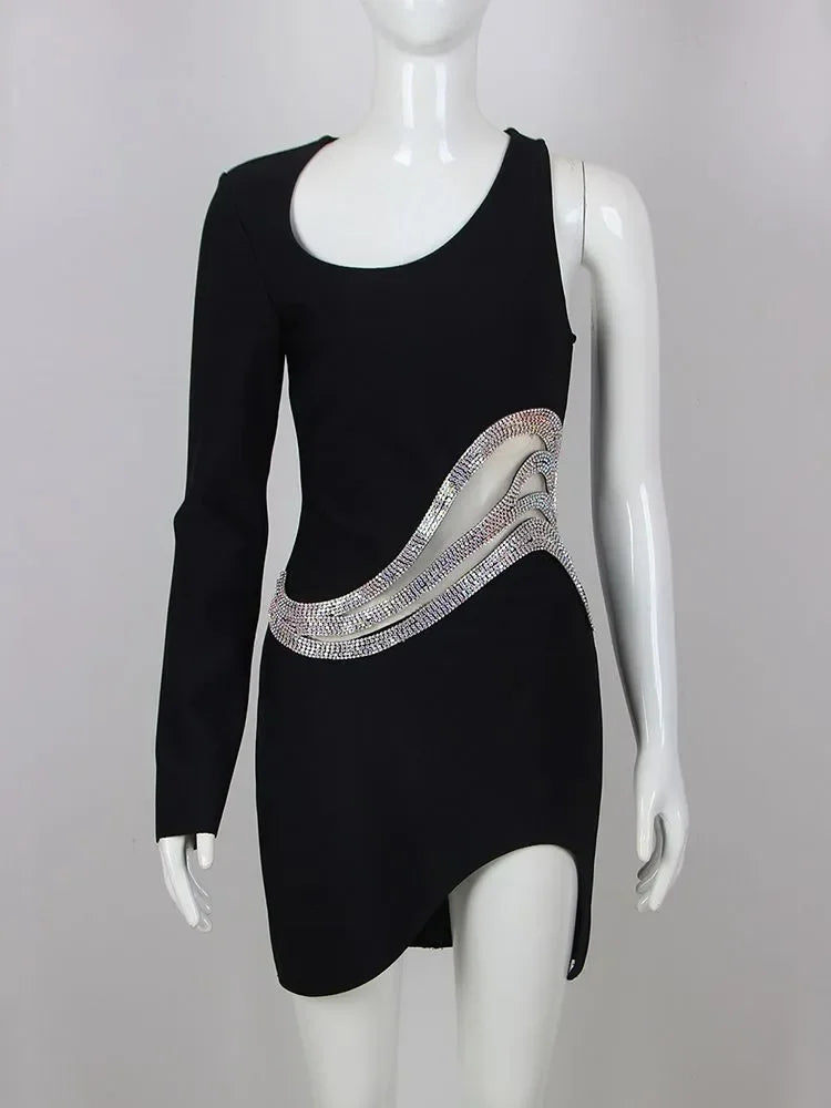 DEIVE TEGER 2023 New Women's One Shoulder Long Sleeve Mesh Patch Diamond Club Evening Sexy Party Mini Bandage Dress Vestidos LUXLIFE BRANDS