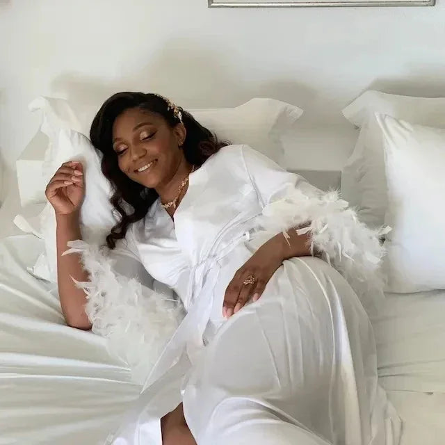 Feather Trim Floor Length Wedding Dressing Gown White Boudoir Satin Kimono Bridal Robes Long Silk Bridesmaid Gift Robe LUXLIFE BRANDS