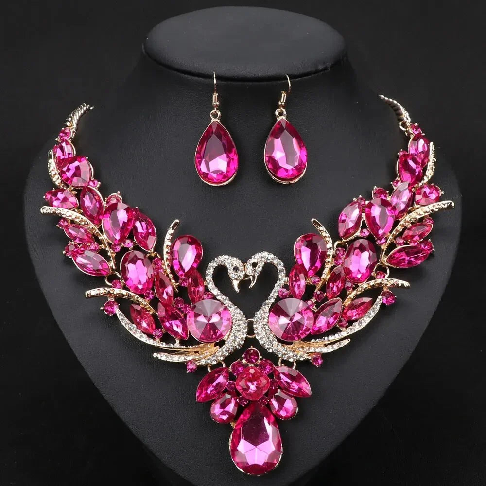 Crystal Bridal Jewelry Sets Gold Color Swan Pendant Necklace Women Gift Party Wedding Prom Necklace Earring Accessories LUXLIFE BRANDS