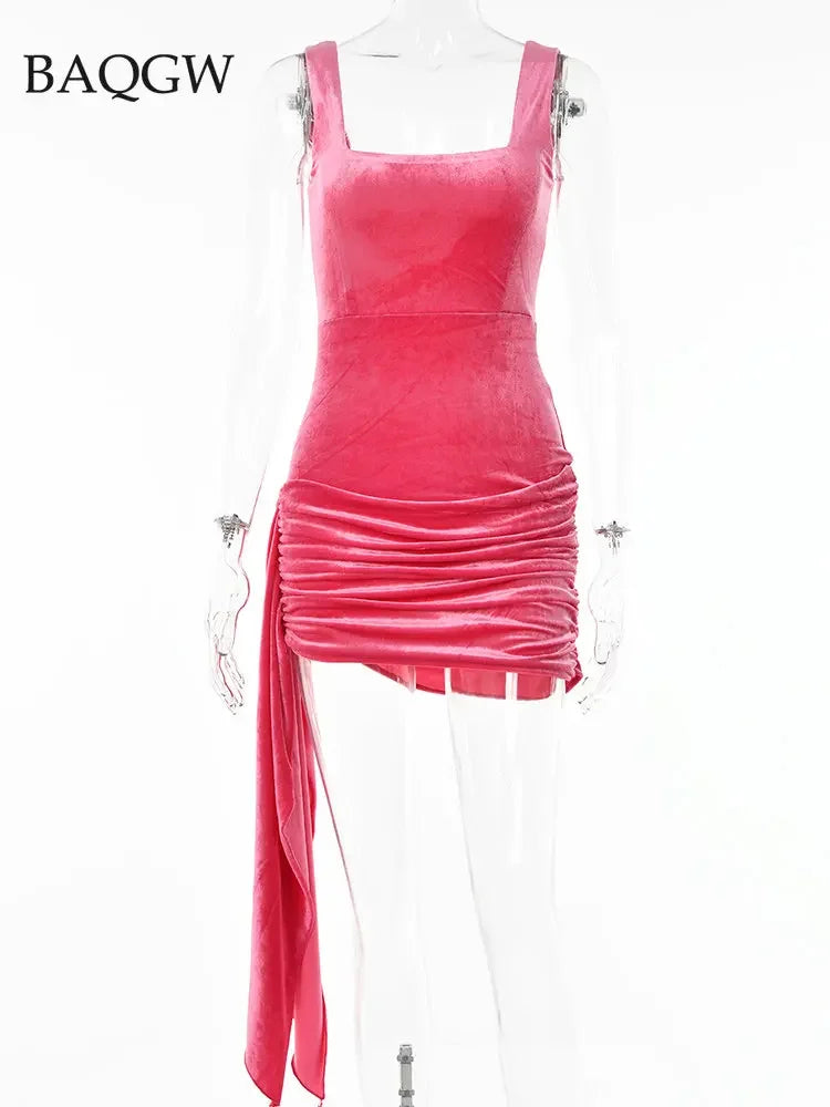 Elegant Square Collar Sexy Pleat Party Velvet Dress Women Sleeveless Bodycon Mini Dresses Casual Party Clubwear Velour Vestidos Luxlife Brands
