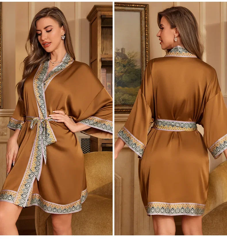 Female Robe Nightgown Summer Satin Sleepwear Loungewear Silky Printing Kimono Bathrobe Gown Yukata Sexy Casual Nightwear