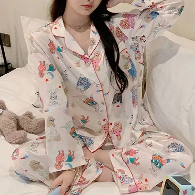 Cute Dog Printed Pajamas for Women's Spring and Autumn New Lazy Style Sweet Homewear Silk Pajamas for Women Sleepwear